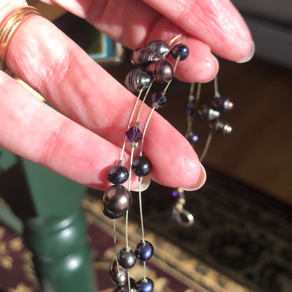 Sterling Silver Clasp And Purple, Blue and Bronzy Pearls and Crystal Necklace - Picture 12 of 13